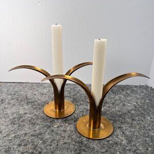 Pair of Vintage Ystad-Metall Swedish Brass Lily Candle Holders Bjork Signed